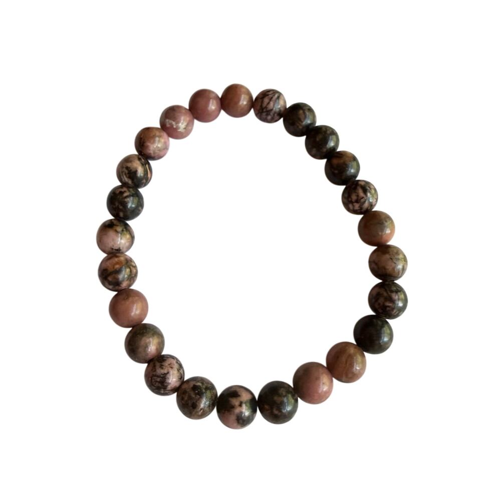 Rhodonite stretchy bracelet handmade pink and black